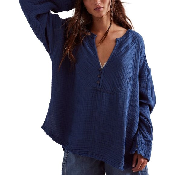 Free People Easy Sunday Relaxed Fit Waffle Textured Long Sleeve Top Women's S - Picture 1 of 7
